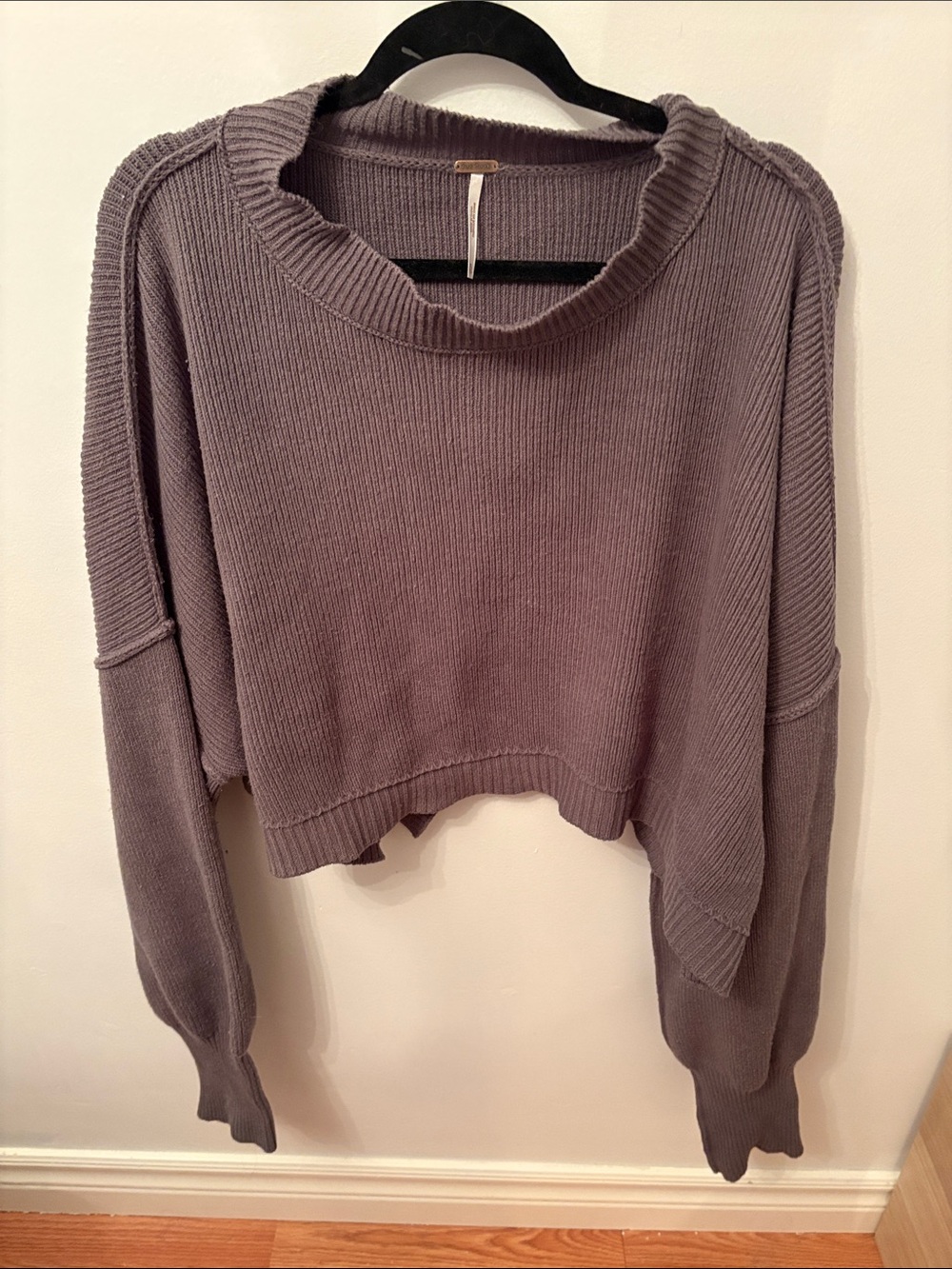 Free People Lavender Gray Cropped Ribbed Crew Sweater